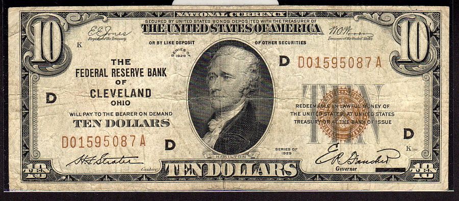 Fr.1860-D, 1929 $10 Cleveland FRBN, D01595087A